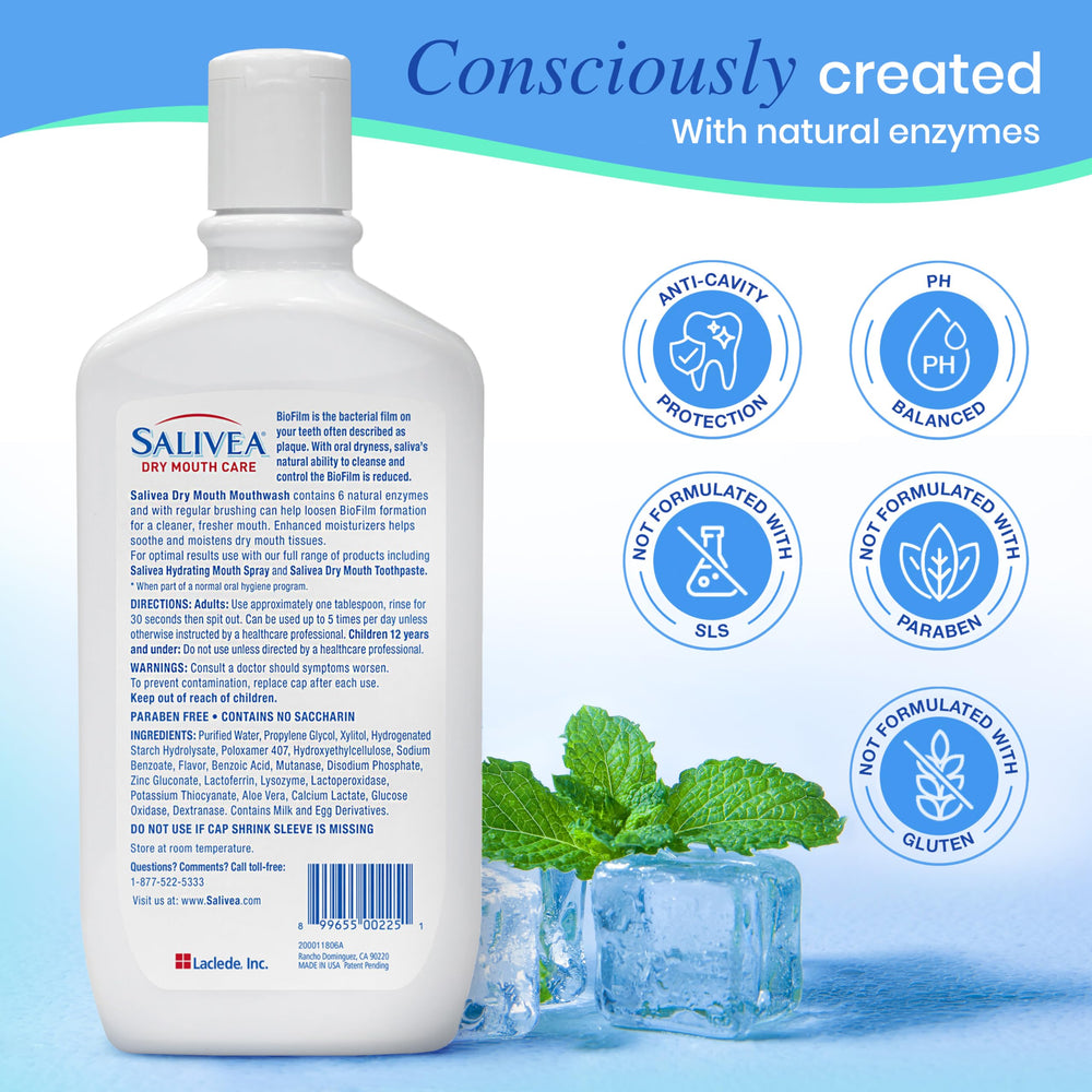 Salivea Dry Mouth Mouthwash gentle formula suits sensitive mouths.