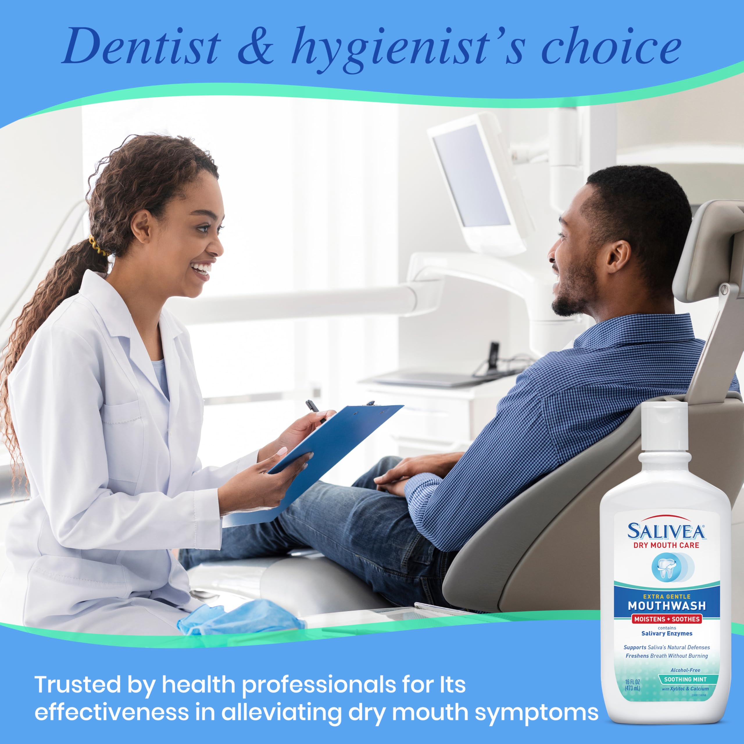 Salivea label close-up highlights enzymes for dry mouth care.