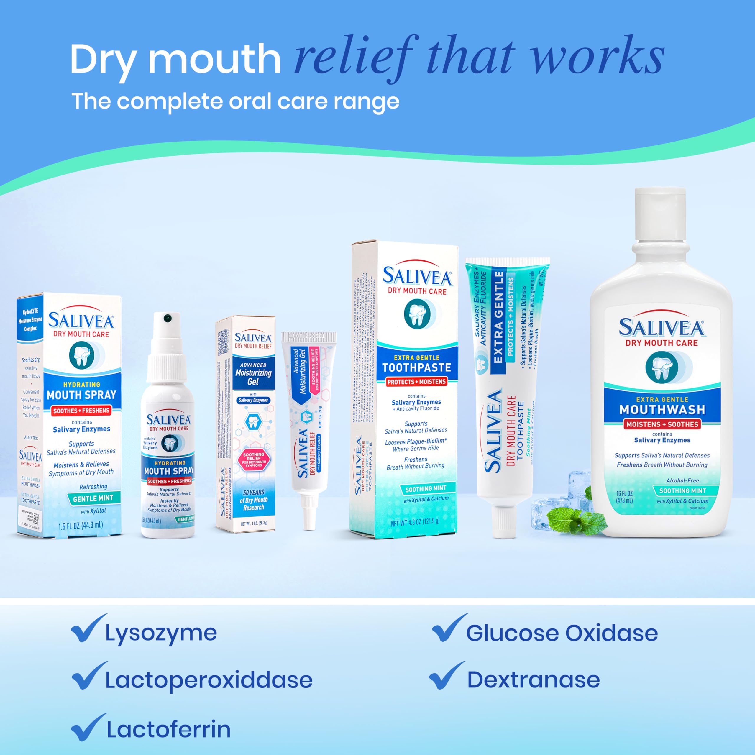 Salivea packaging shows minty formula for sensitive mouths.