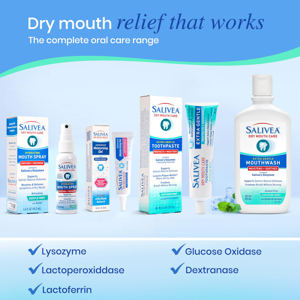 Salivea packaging shows minty formula for sensitive mouths.