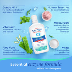 Salivea mouthwash being poured invites comfortable daily use.