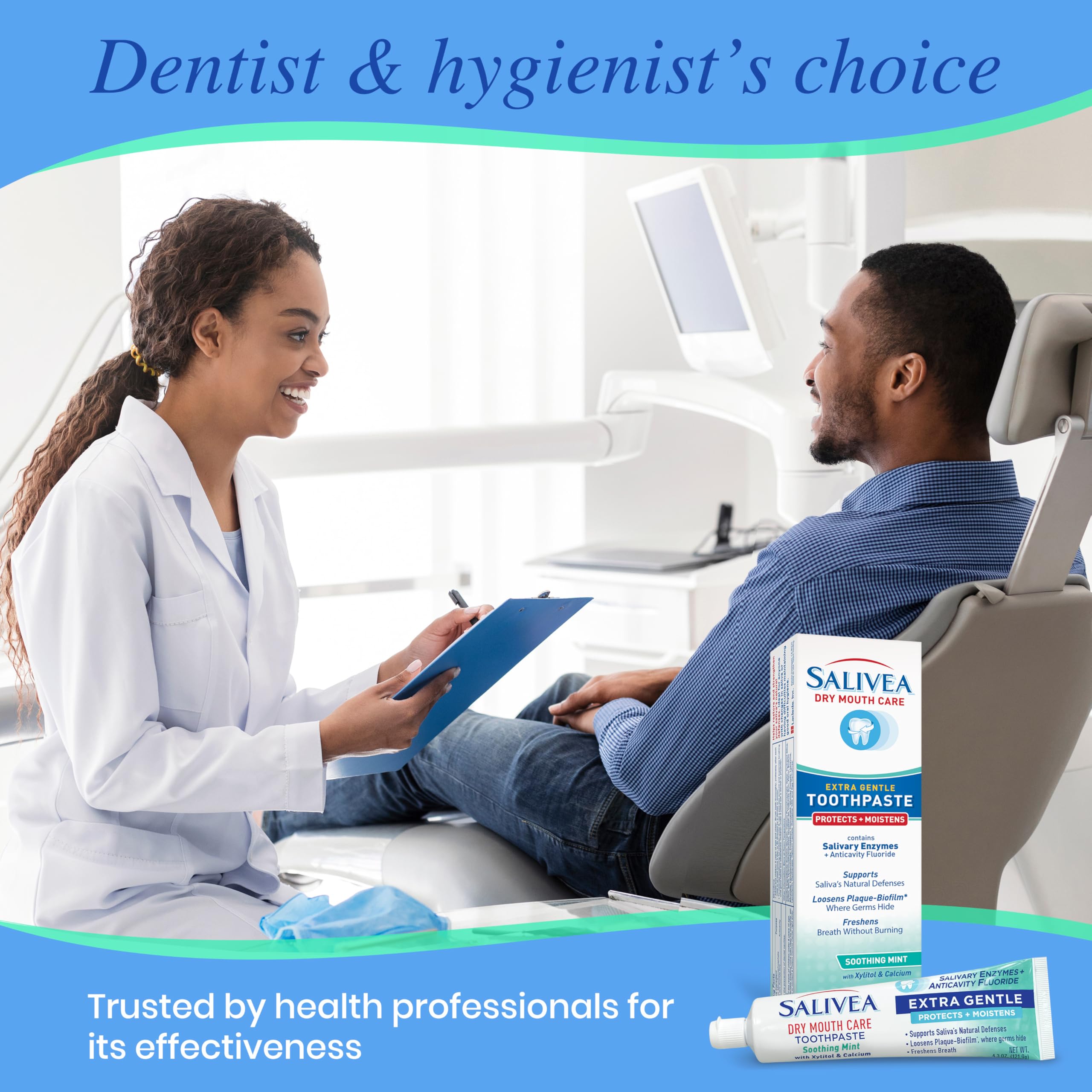Salivea toothpaste label featuring anticavity fluoride and xylitol benefits
