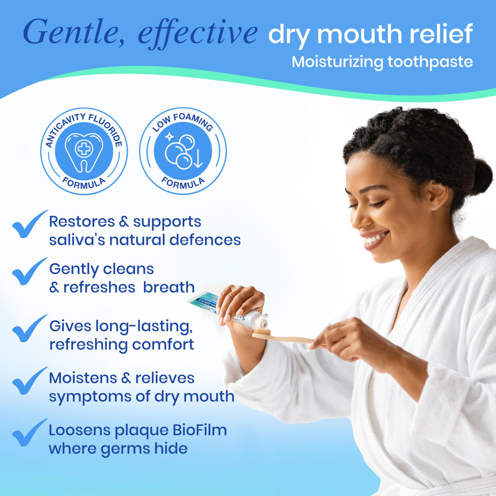 Salivea dry mouth toothpaste with enzymes close-up highlighting soothing saliva-supporting action