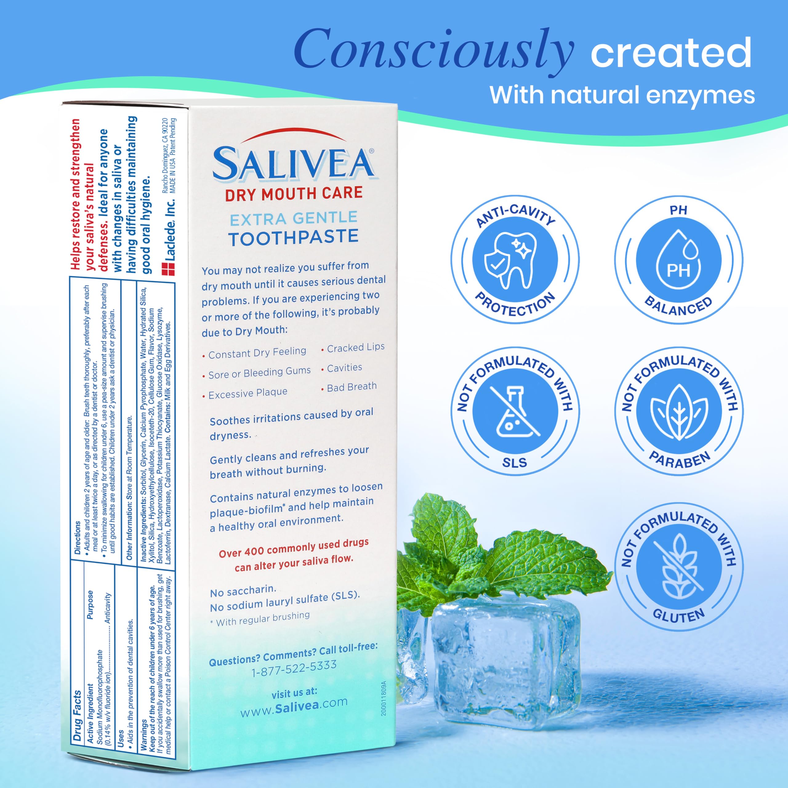 Salivea dry mouth care system display with toothpaste and spray