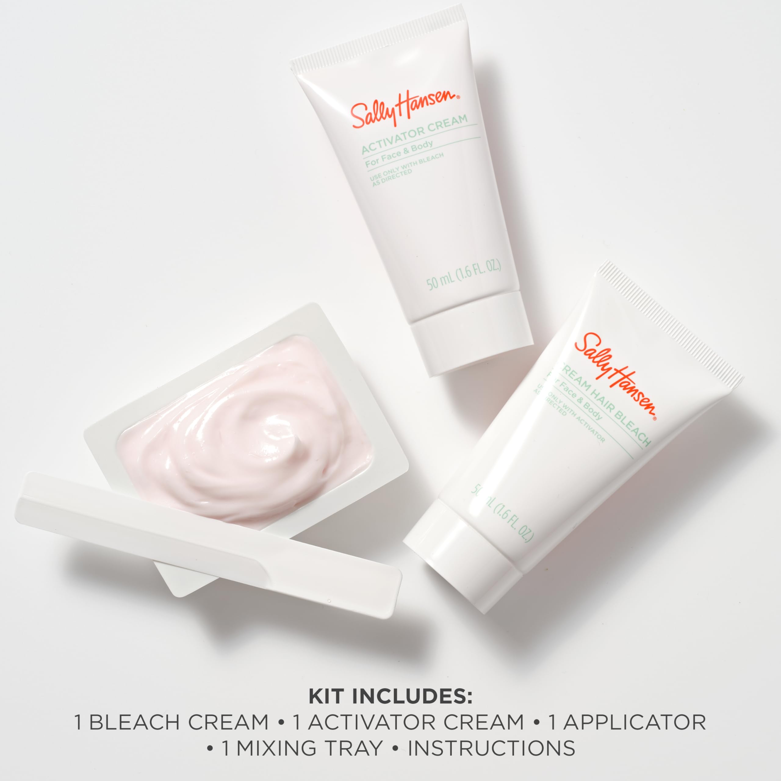 Sally Hansen Bleach Cream activator pack enables quick, even blends for hair-lightening results.