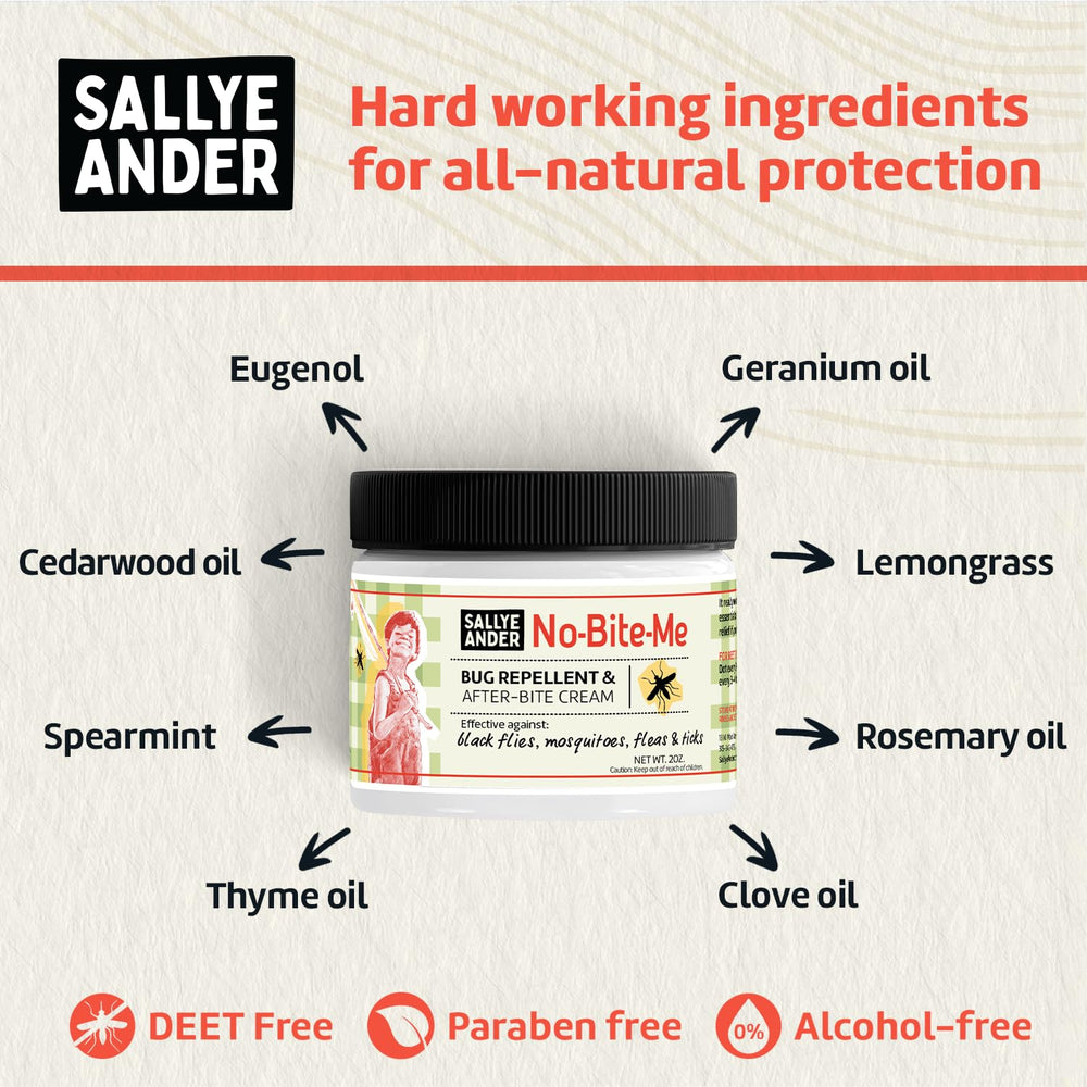 Adult applying SALLYEANDER No Bite Me on arm during outdoor hike