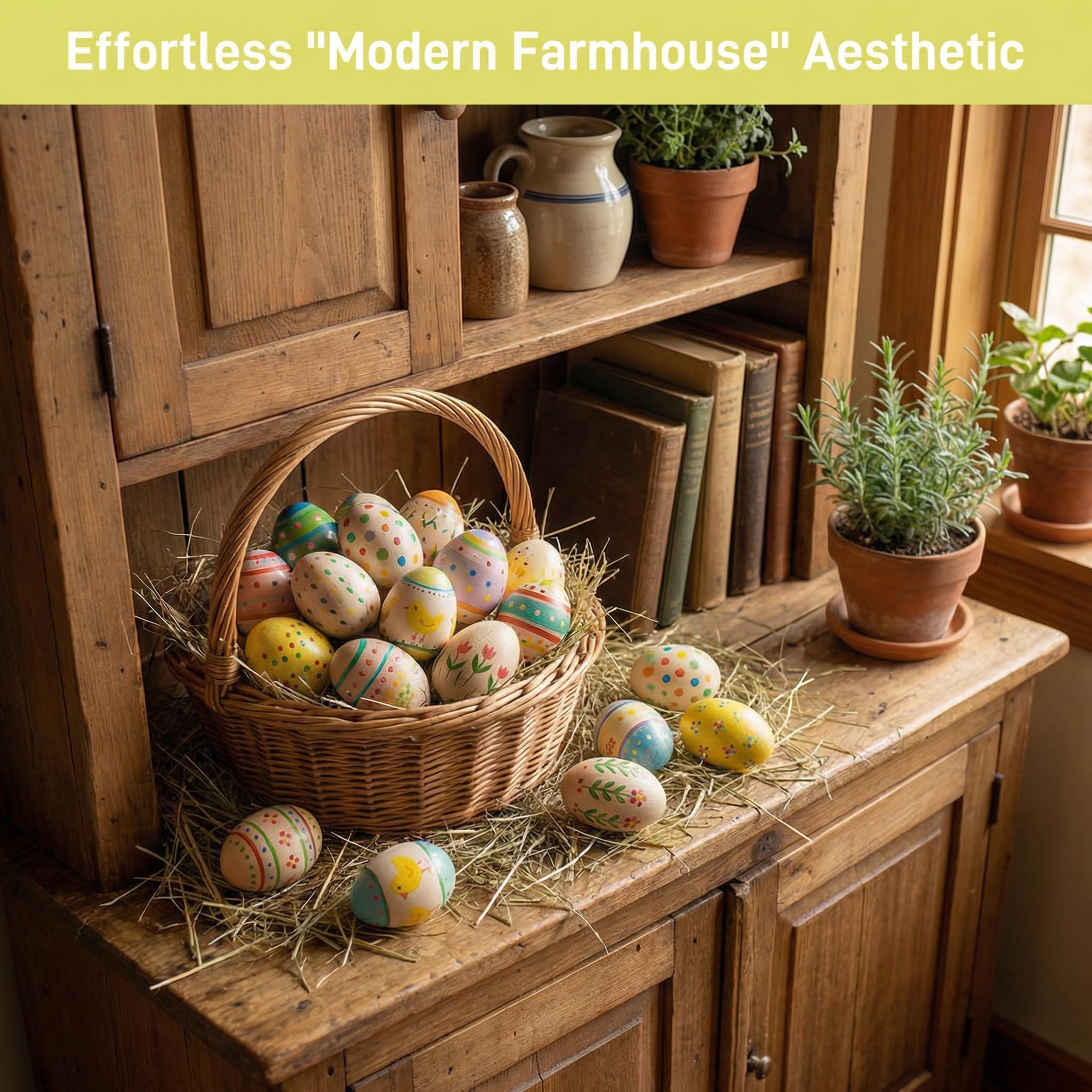 SallyFashion wooden eggs add rustic Modern Farmhouse decor to baskets and displays.