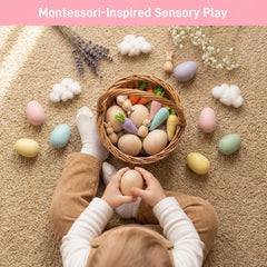 SallyFashion wooden eggs support Montessori-style sensory play and fine motor practice at home.