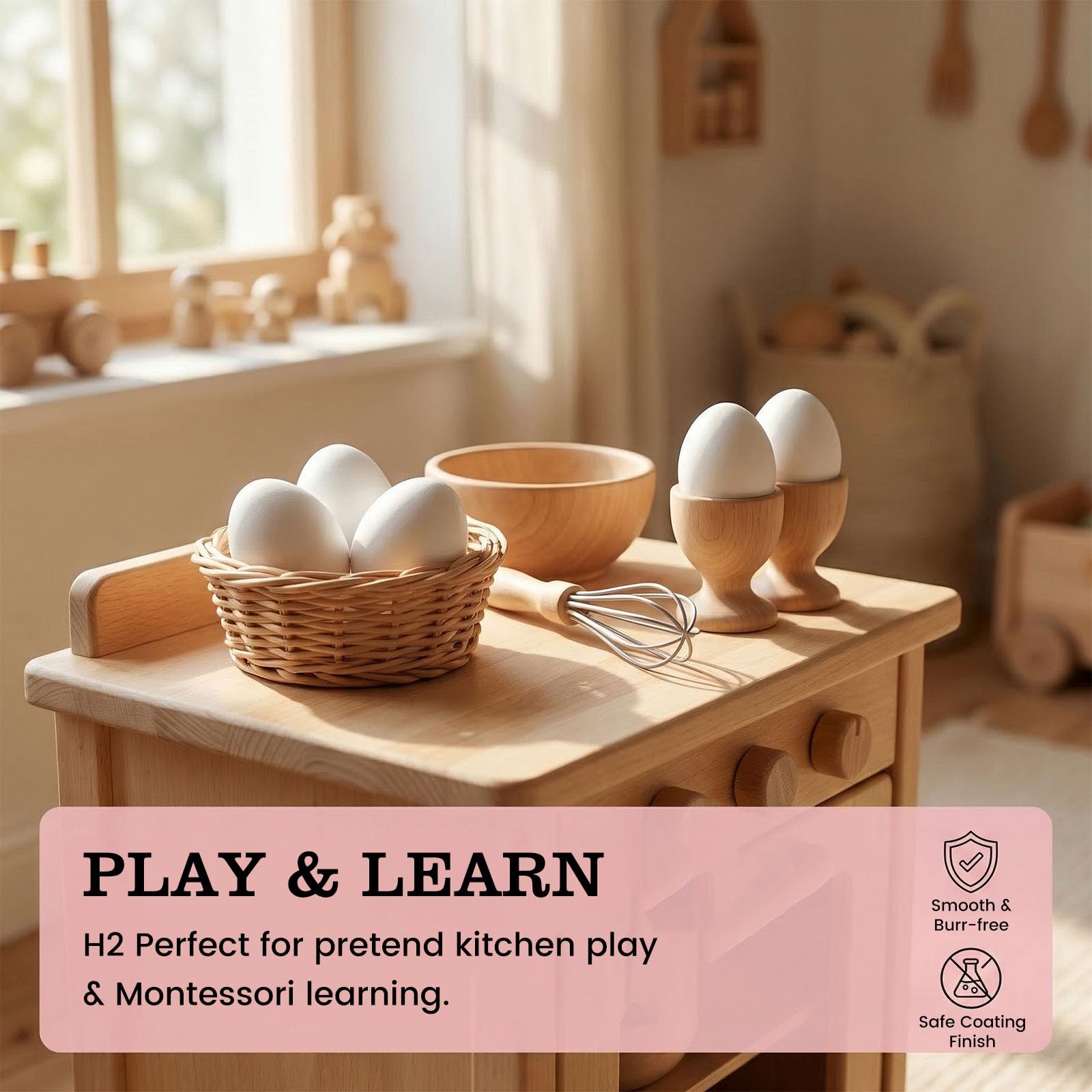 SallyFashion wooden eggs serving as durable pretend food for kid kitchens