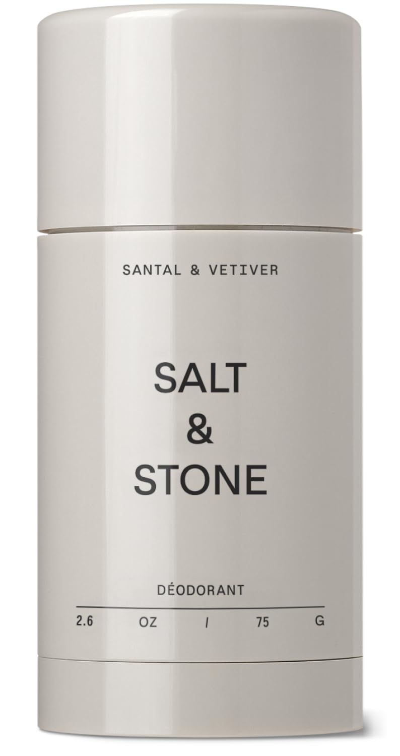 Salt & Stone aluminum-free deodorant bottle featuring Santal & Vetiver scent for daily protection.