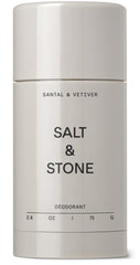 Salt & Stone aluminum-free deodorant bottle featuring Santal & Vetiver scent for daily protection.