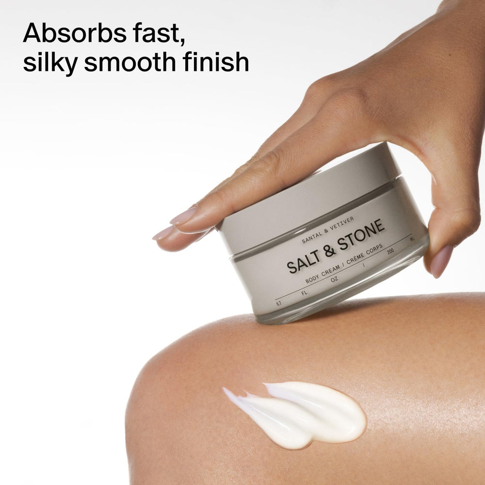 Salt & Stone Body Cream packaging designed for unisex use and accessibility.