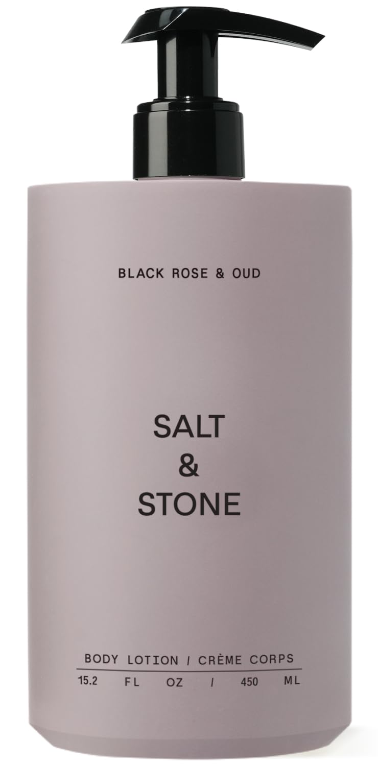 Salt & Stone body lotion bottle with Black Rose & Oud hydrates skin.