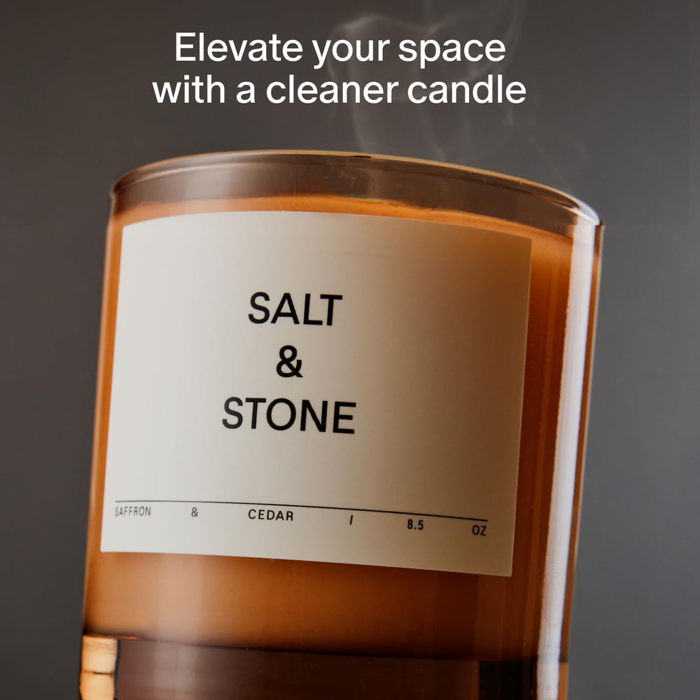 Salt & Stone coconut-soy wax candle closeup highlights clean burn.