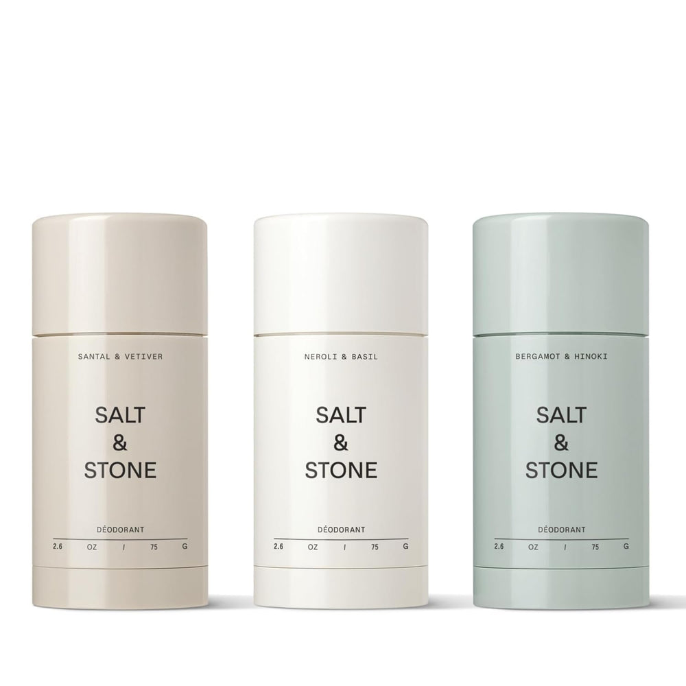 Salt & Stone deodorant trio bottle shows aluminum-free protection for daily use.