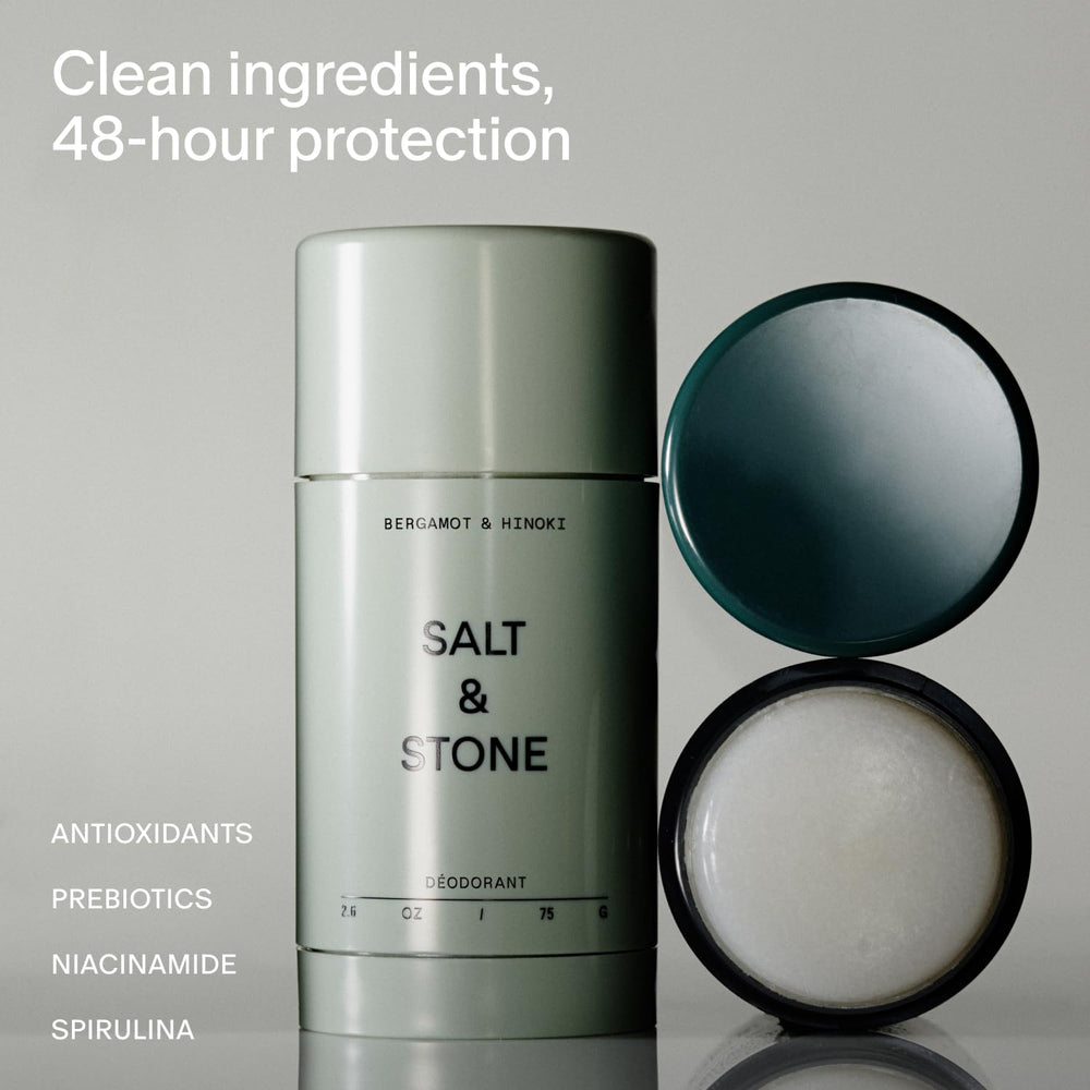 Salt & Stone deodorant trio packaging highlights cruelty-free, vegan ingredients.