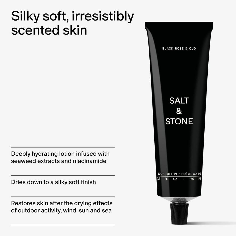 Packaging box for Salt & Stone Black Rose & Oud lotion, gift-ready presentation.