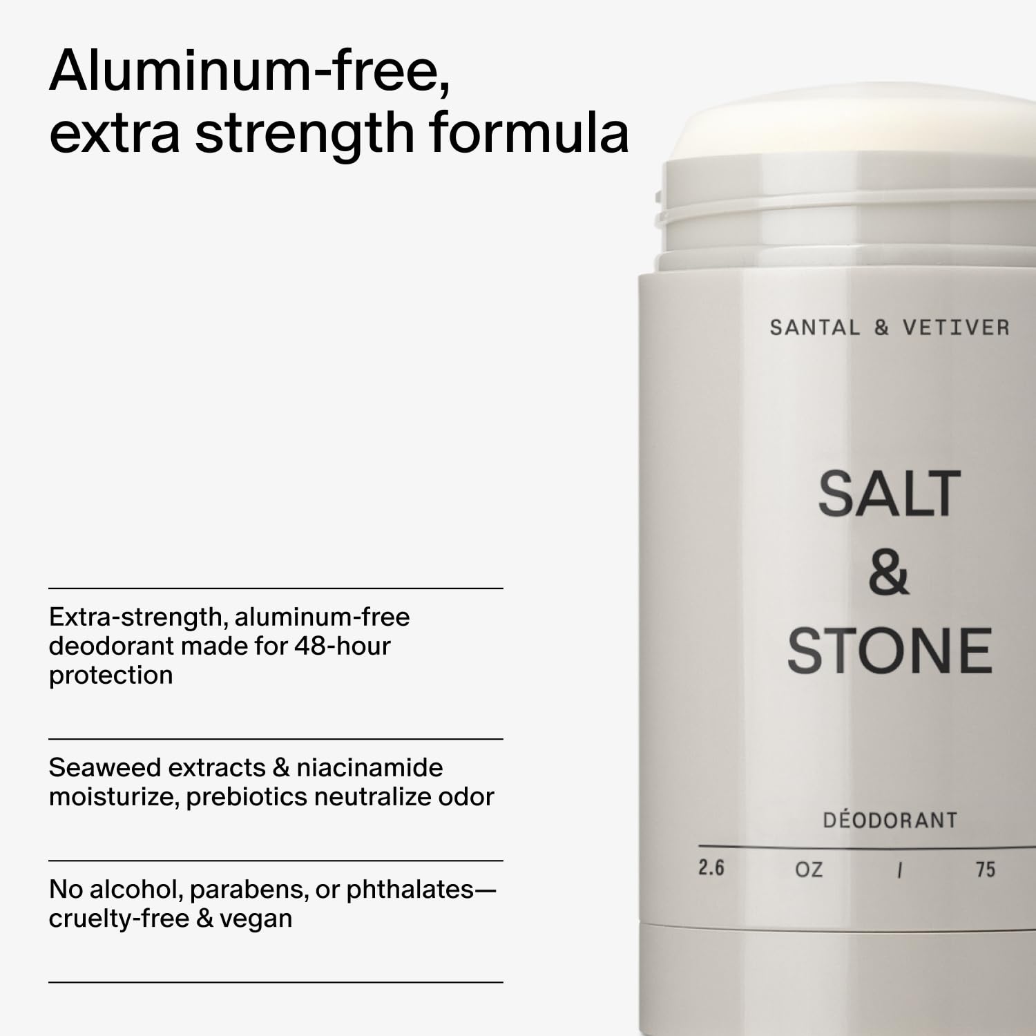Salt & Stone Santal Vetiver scent note offers warm, woody aroma.