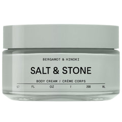 Salt & Stone Body Cream bottle with Bergamot & Hinoki scent for deep hydration.