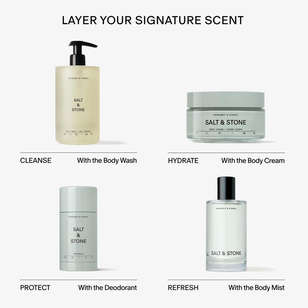 Bergamot & Hinoki scent from Salt & Stone Body Cream evokes a refreshing morning routine.