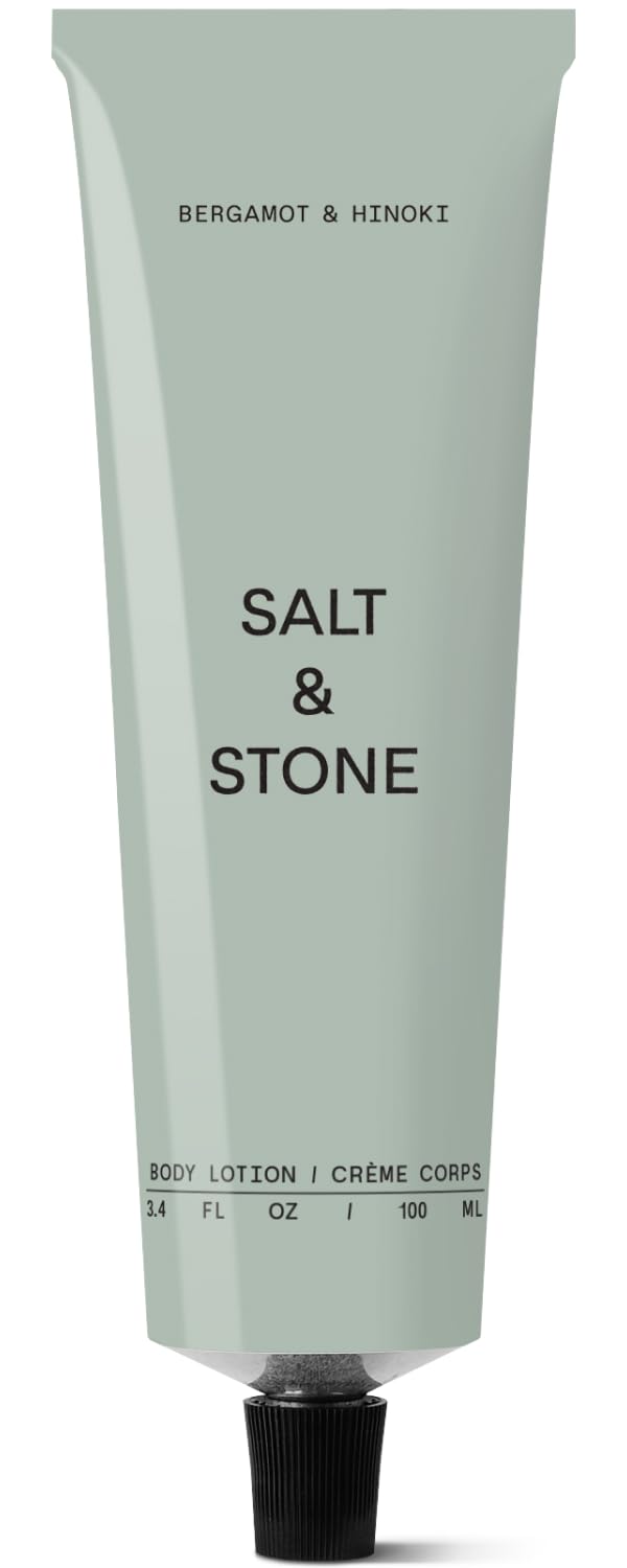 Salt & Stone body lotion bottle; fast-absorbing hydration for daily skin care.