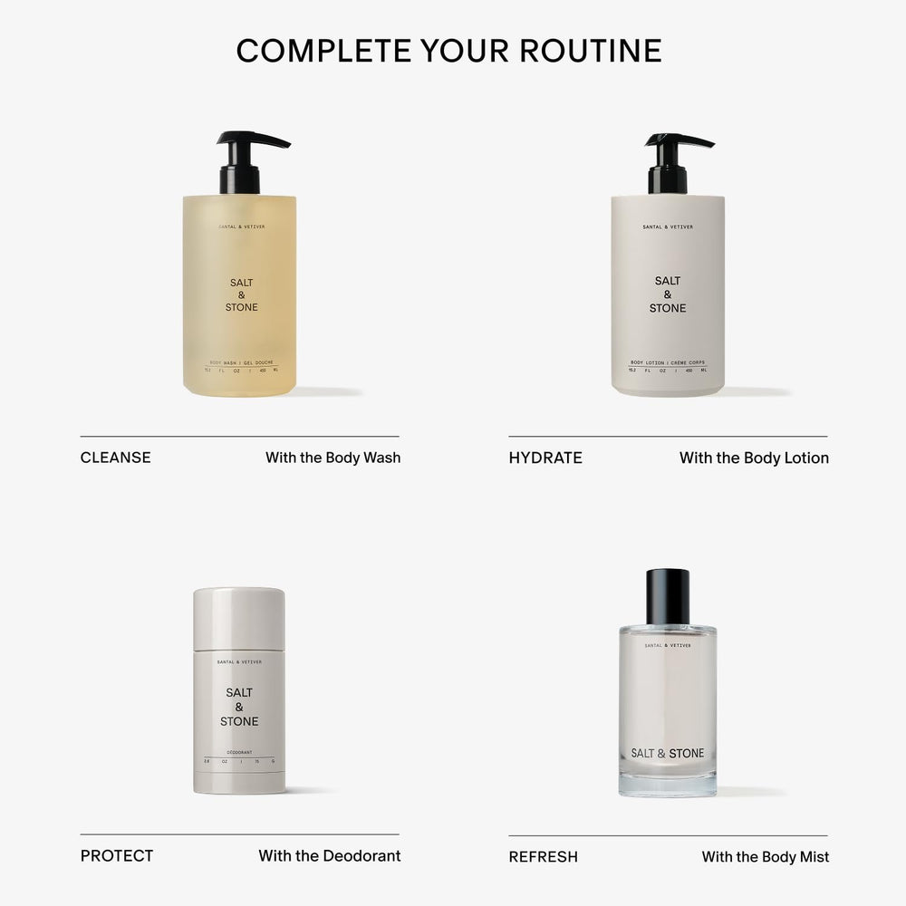 Salt & Stone Body Mist packaging scene conveys travel-friendly 3.4 fl oz size