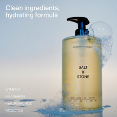 Salt & Stone bottle being poured to show rich lather and cleansing.
