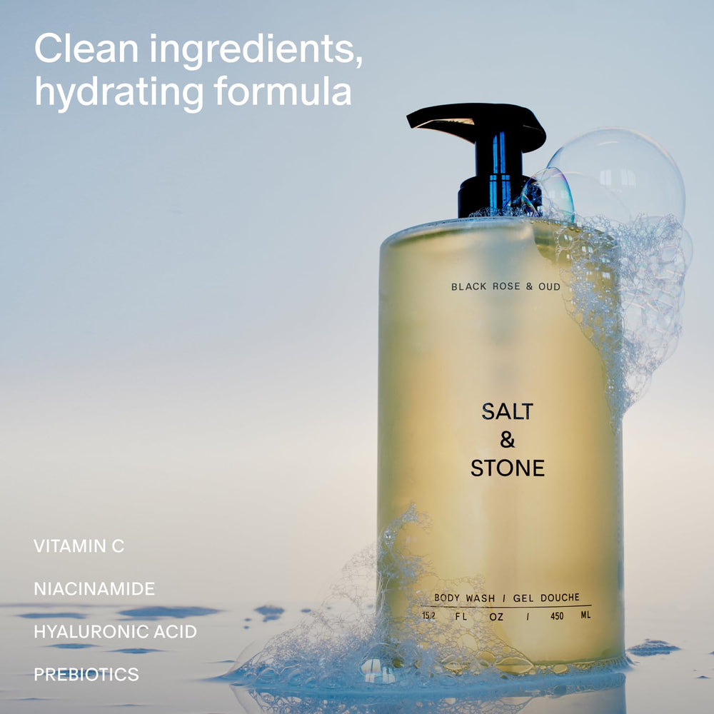 Salt & Stone Body Wash lather close-up showcases rich moisture and cleansing action.