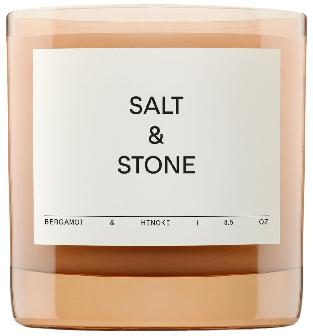 Salt & Stone bergamot-hinoki candle front-jar for a fresh, inviting living room ambiance.