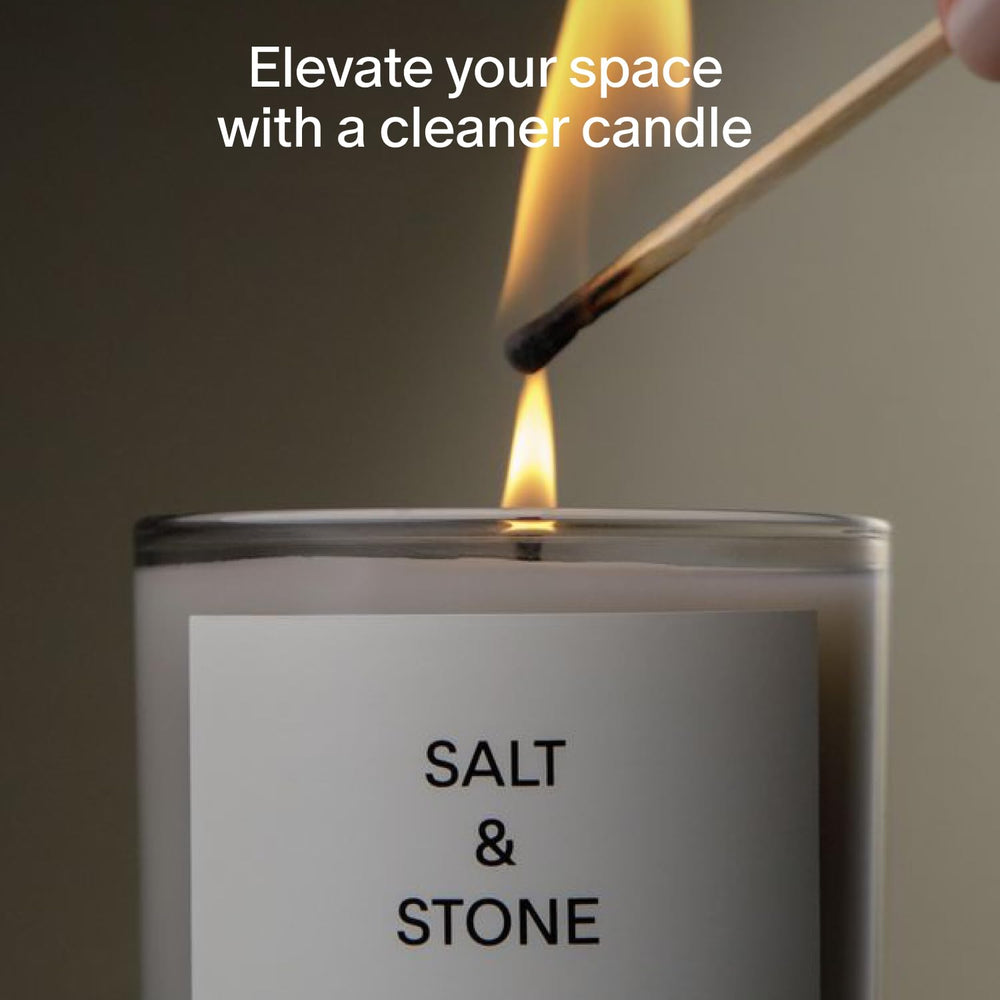 Salt & Stone coconut-soy wax candle highlighting a clean formula for a smooth burn.