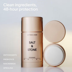Close-up of Salt & Stone deodorant being applied with a quick-dry, streak-free finish.