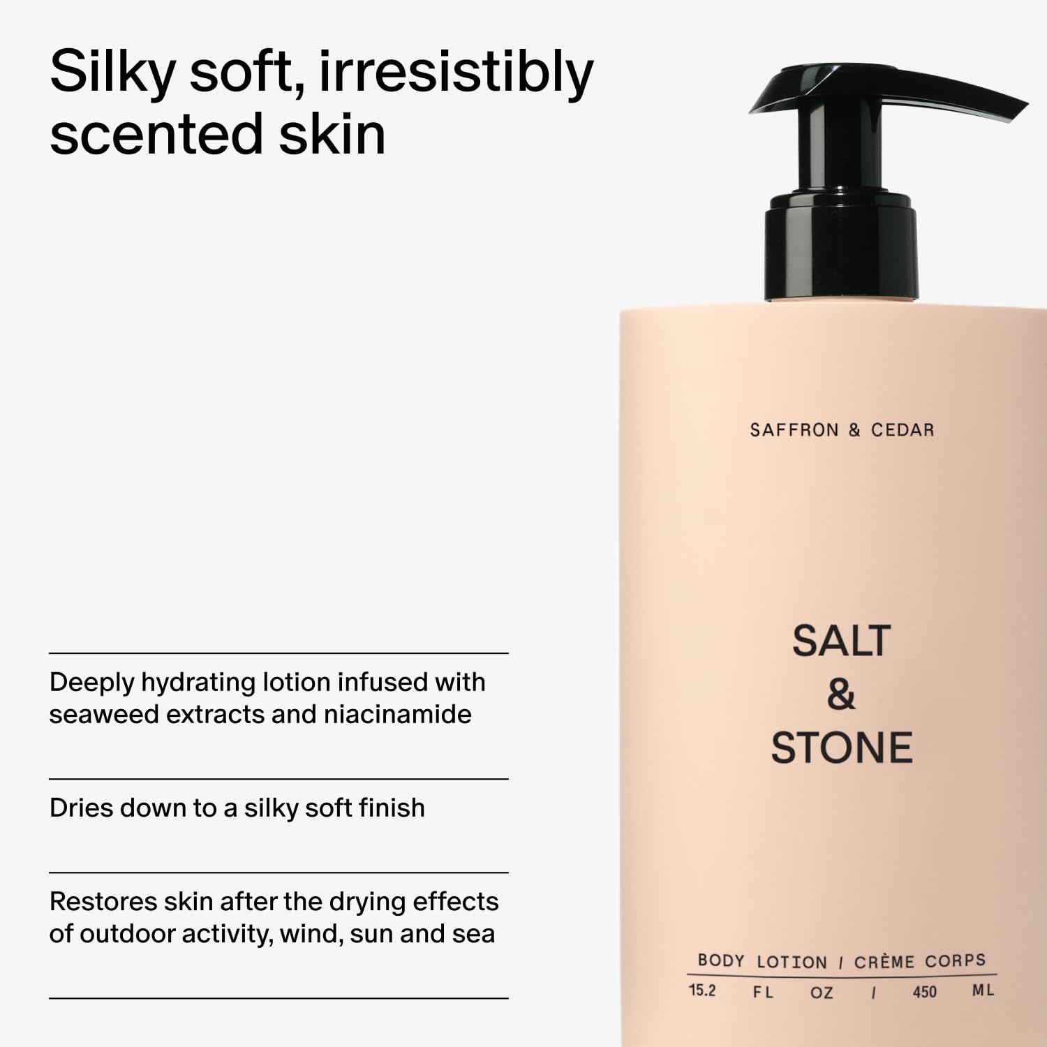 Salt & Stone lotion on skin shows a fast-absorbing finish.