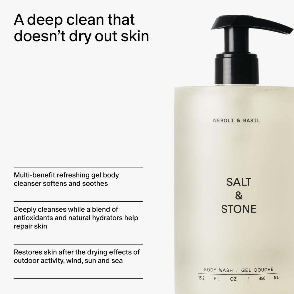 Bottle beside skincare ingredients hints at nourishing antioxidants for Salt & Stone wash.