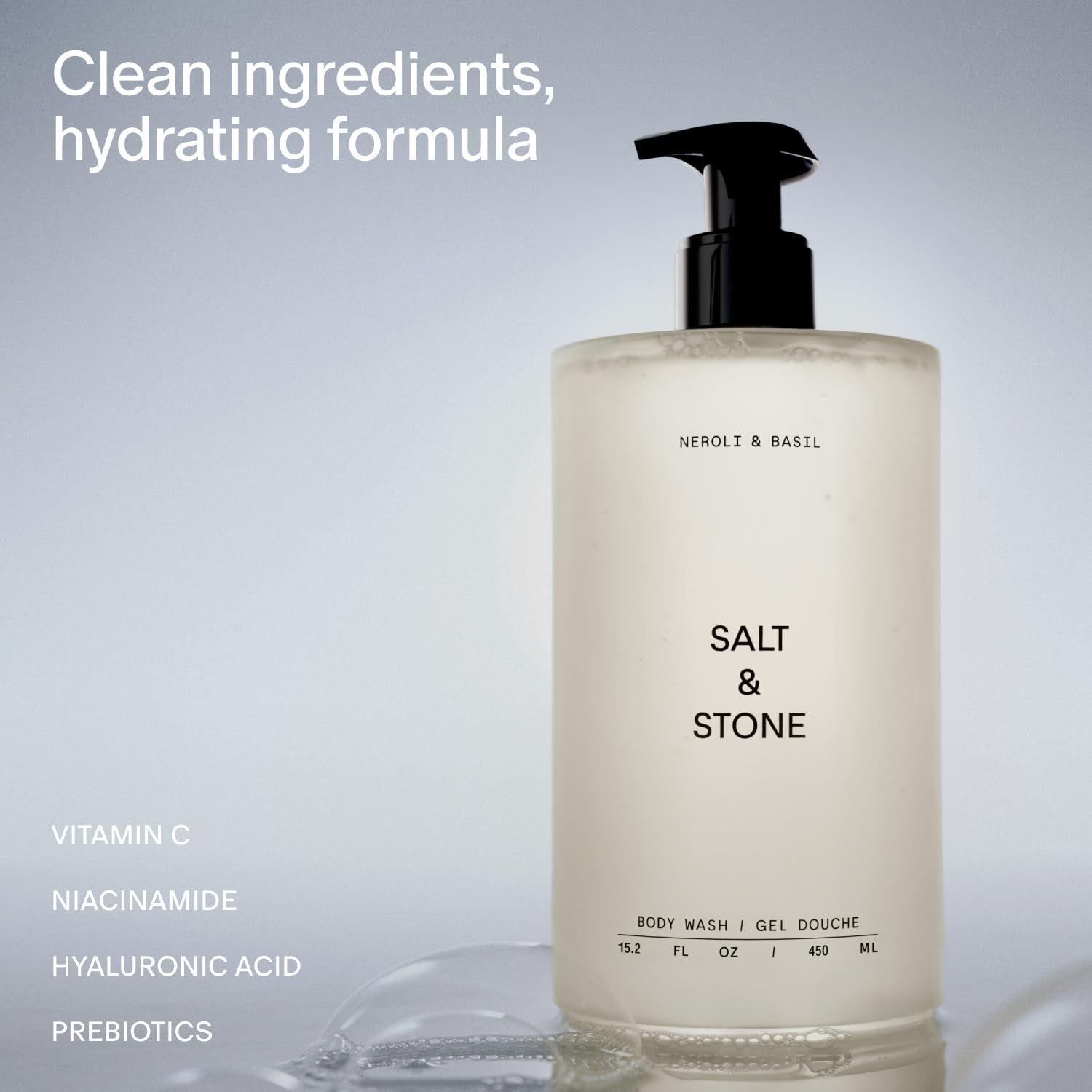 Salt & Stone Neroli Basil body wash pour shows rich lather for deep moisture.