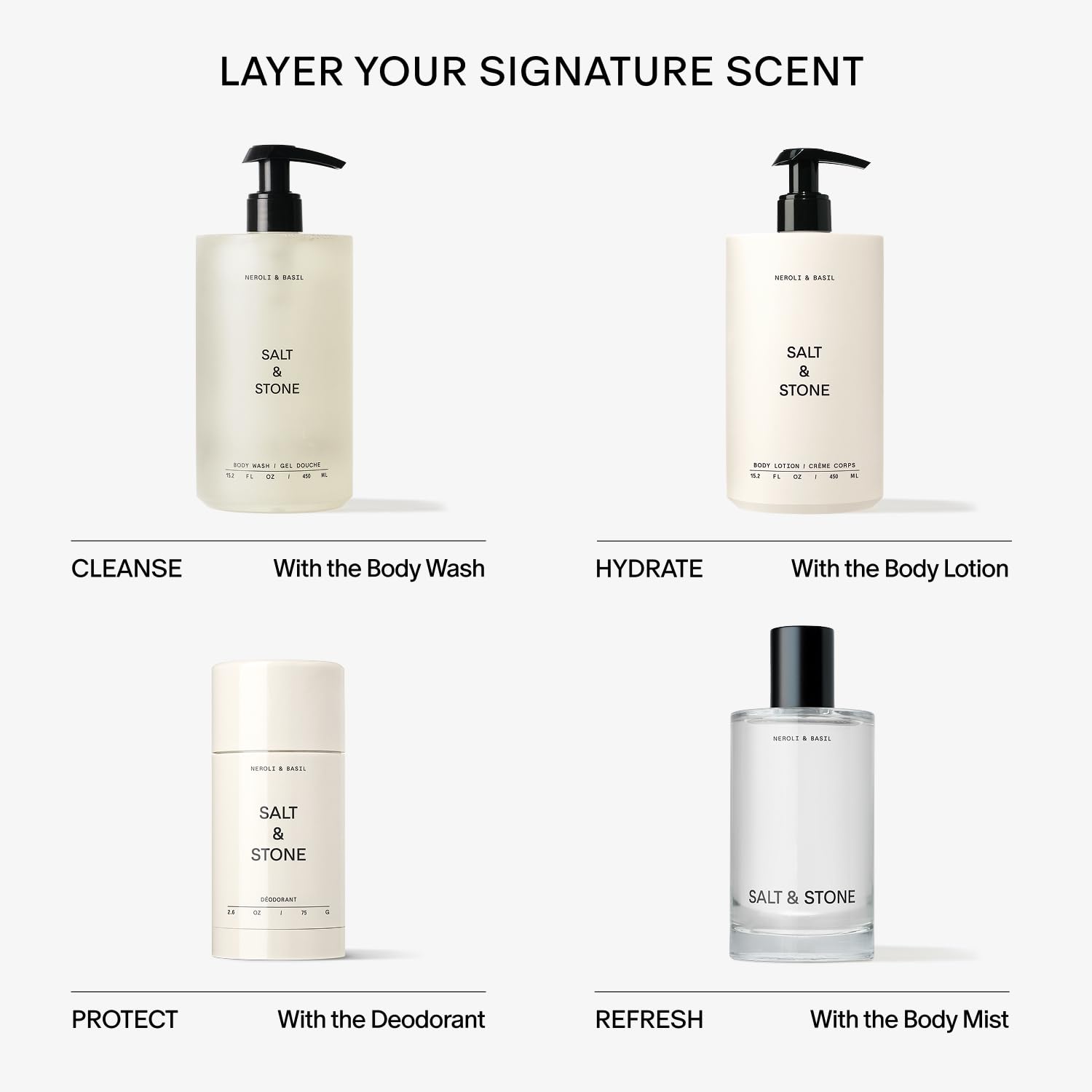 Model applies Neroli Basil wash for refreshed, clean skin.