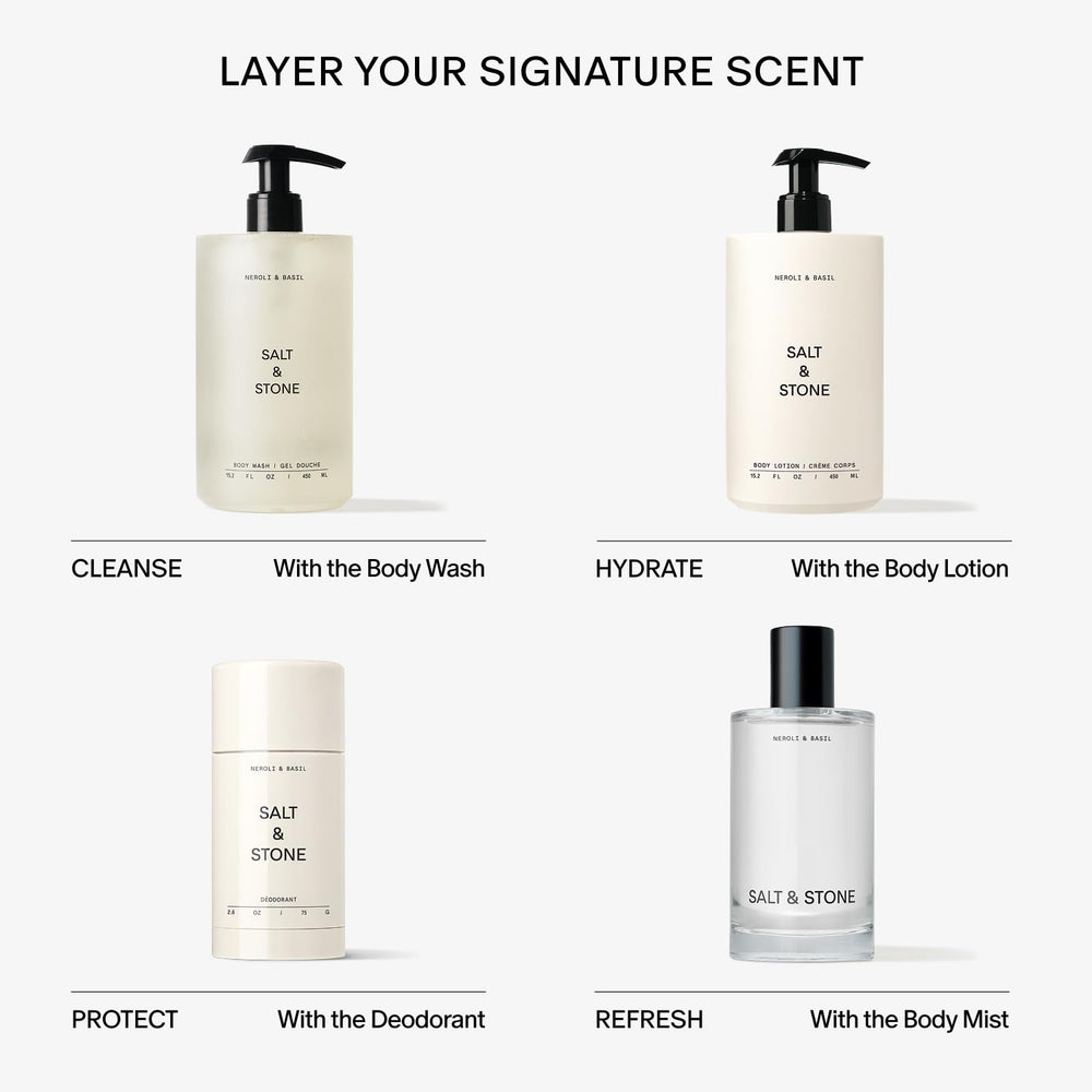 Model applies Neroli Basil wash for refreshed, clean skin.