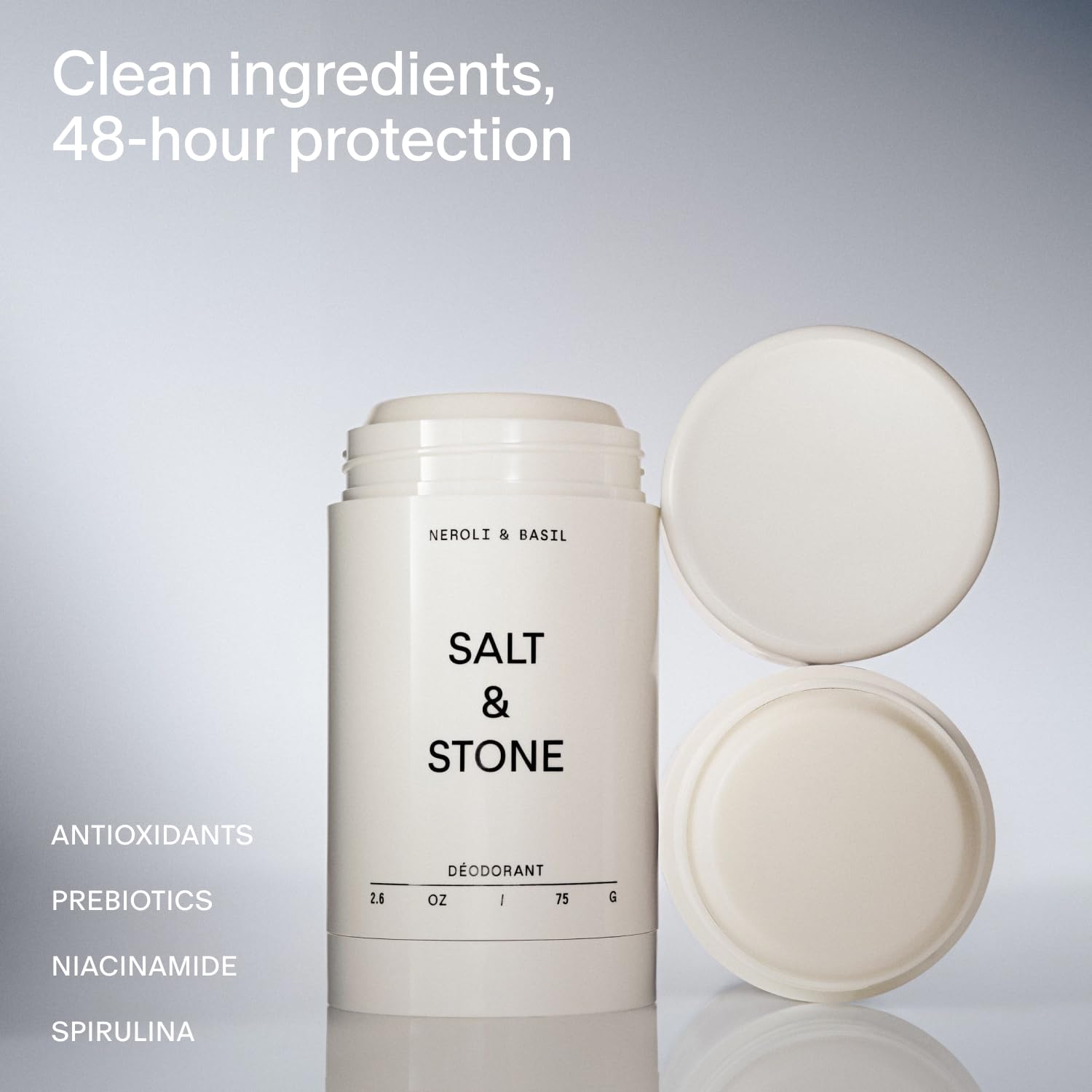 Salt & Stone Neroli Basil scent deodorant provides fresh, energizing fragrance.