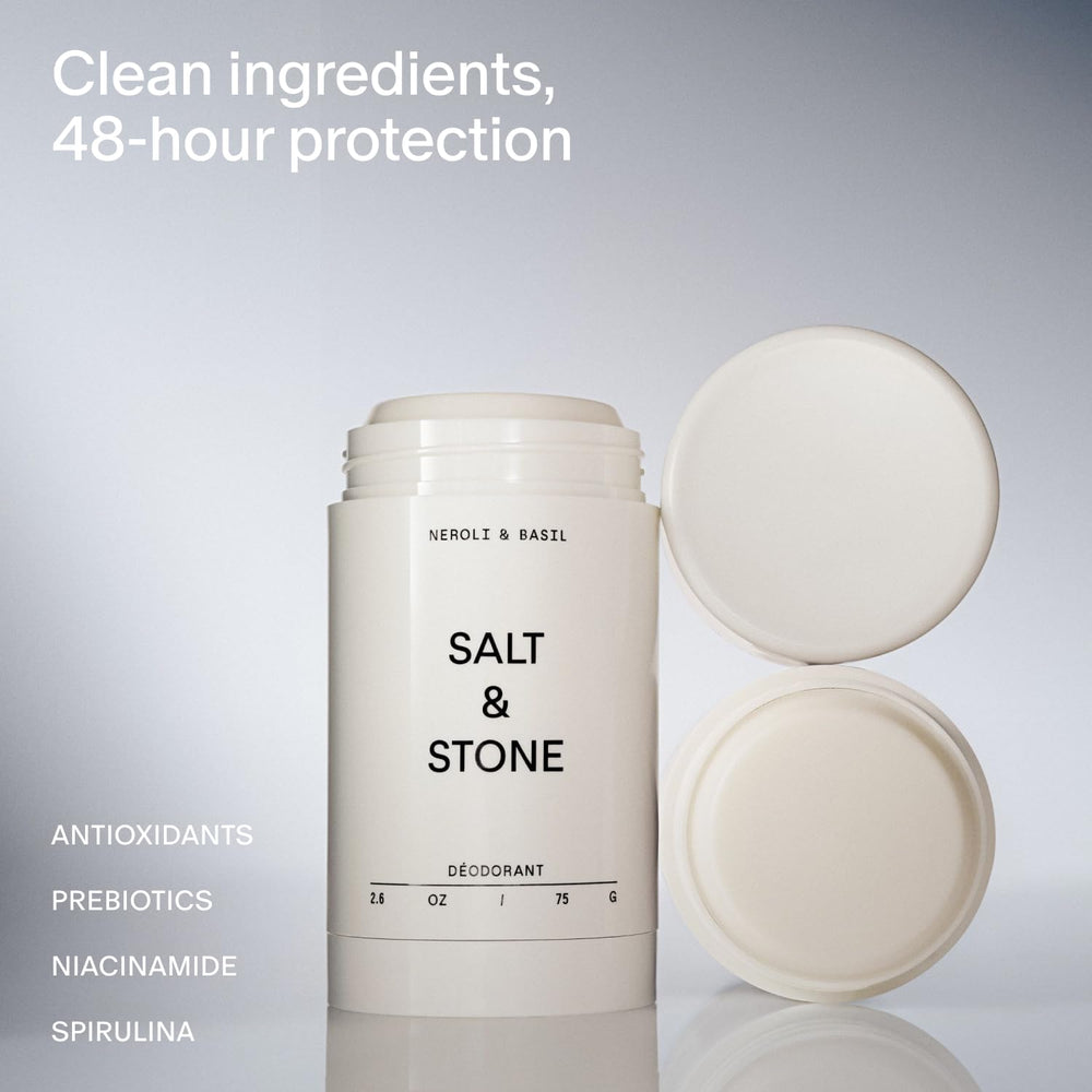 Salt & Stone Neroli Basil scent deodorant provides fresh, energizing fragrance.