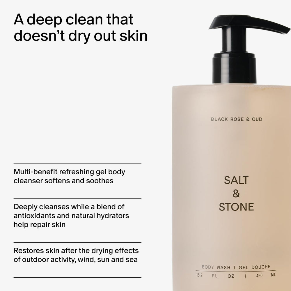 Salt & Stone prebiotics balance skin, supporting a fresh shower experience.