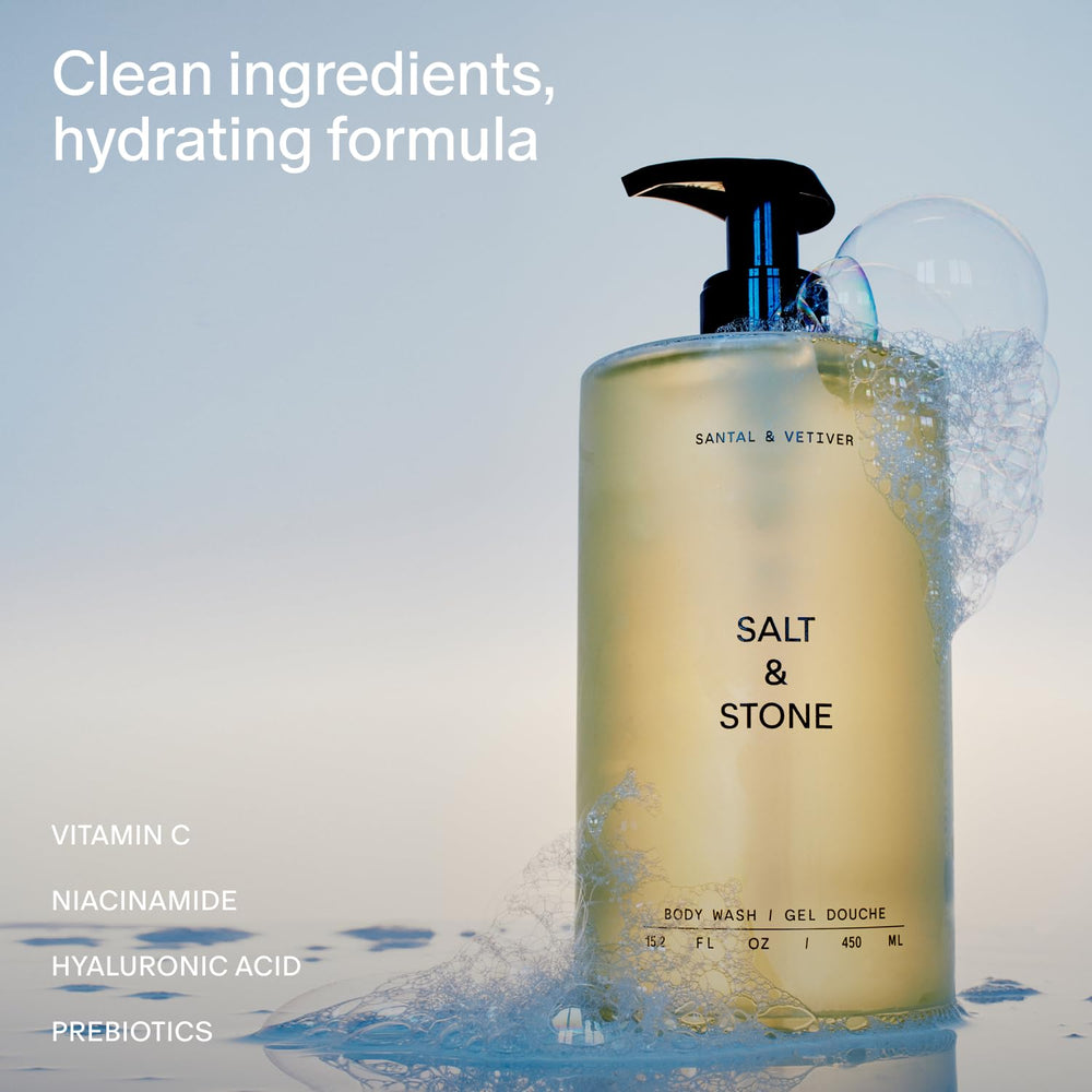 Salt & Stone rich lather foam demonstrates a hydrating shower.