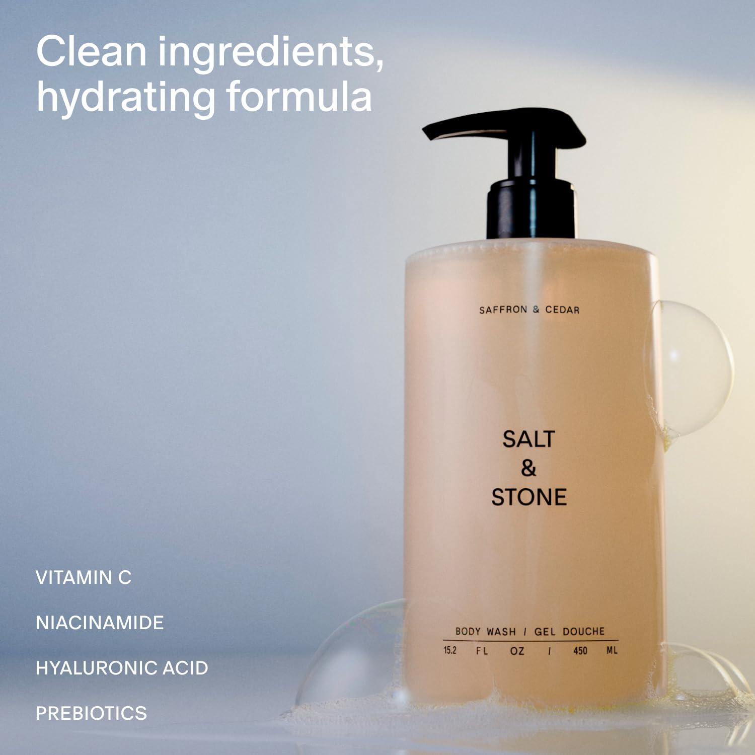 Salt & Stone saffron-cedar foaming-lather showing rich hydration