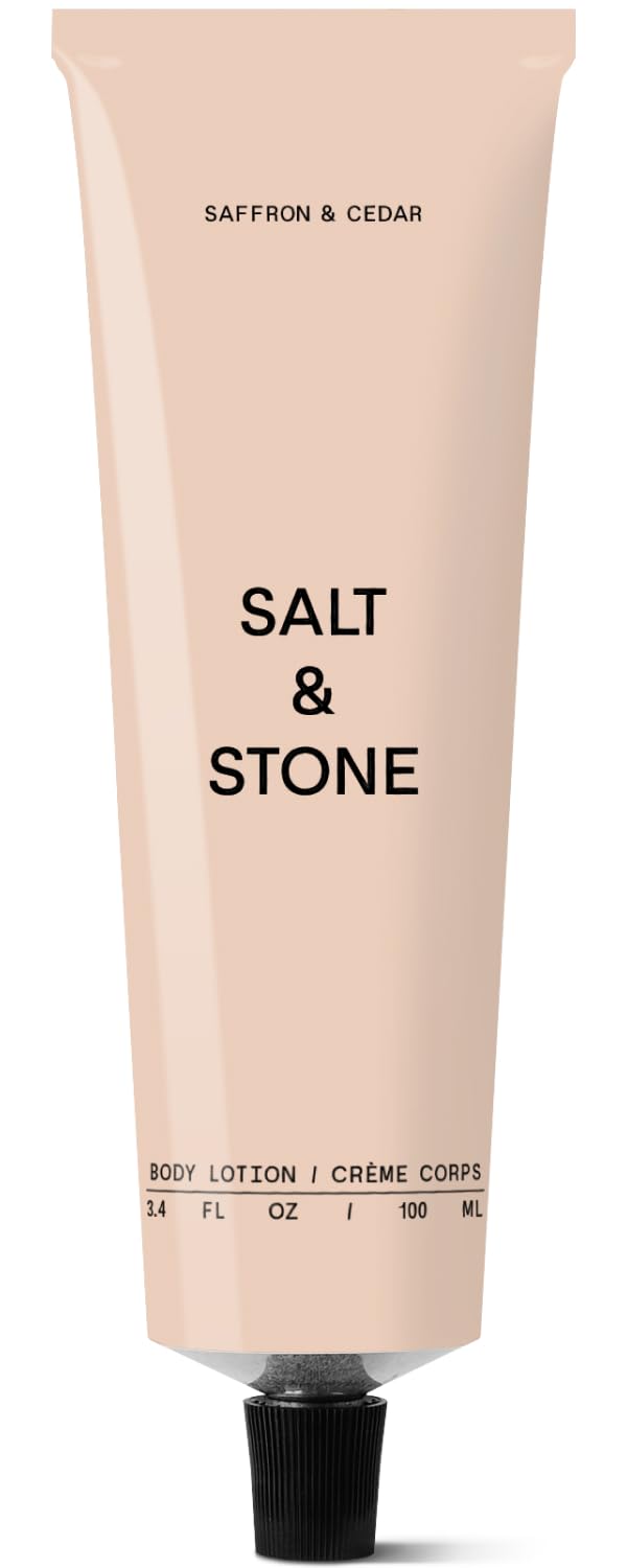 Salt & Stone saffron & cedar lotion bottle shows fast-absorbing hydration for daily use.