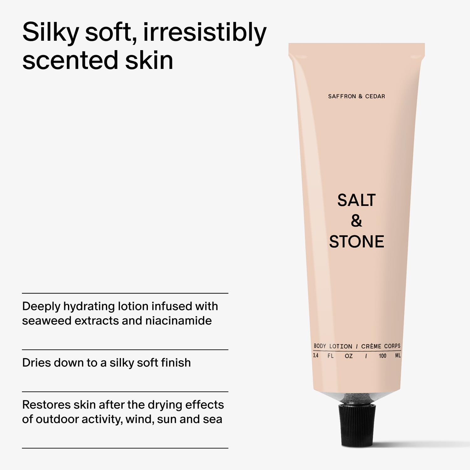 Salt & Stone saffron & cedar lotion dispensing pump for easy application.
