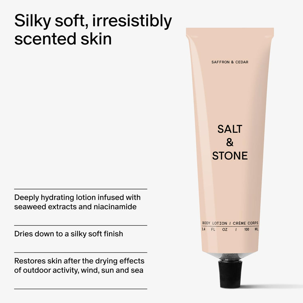 Salt & Stone saffron & cedar lotion dispensing pump for easy application.
