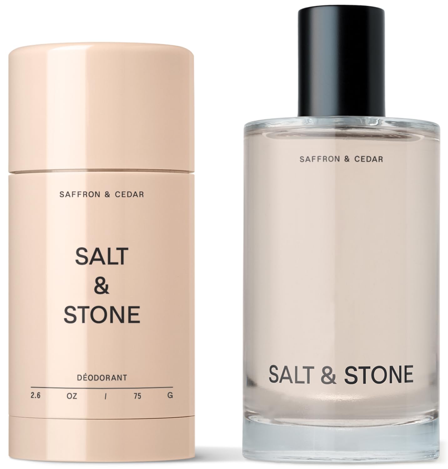 Salt & Stone deodorant bottle with Saffron & Cedar for long-lasting freshness.