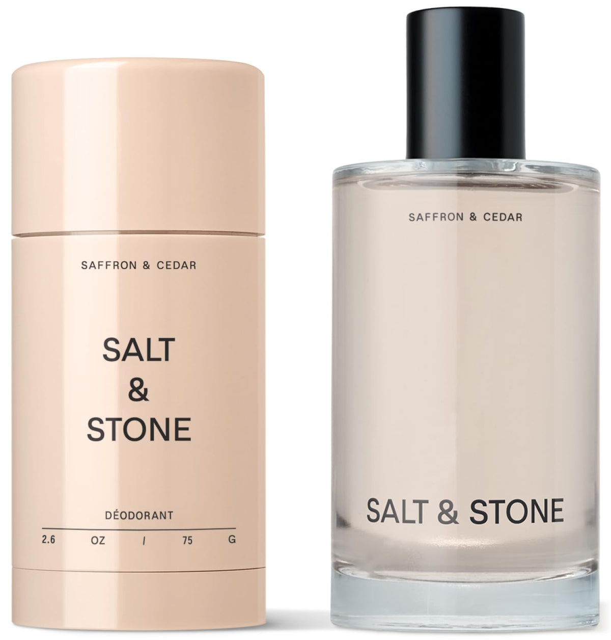 Salt & Stone deodorant bottle with Saffron & Cedar for long-lasting freshness.