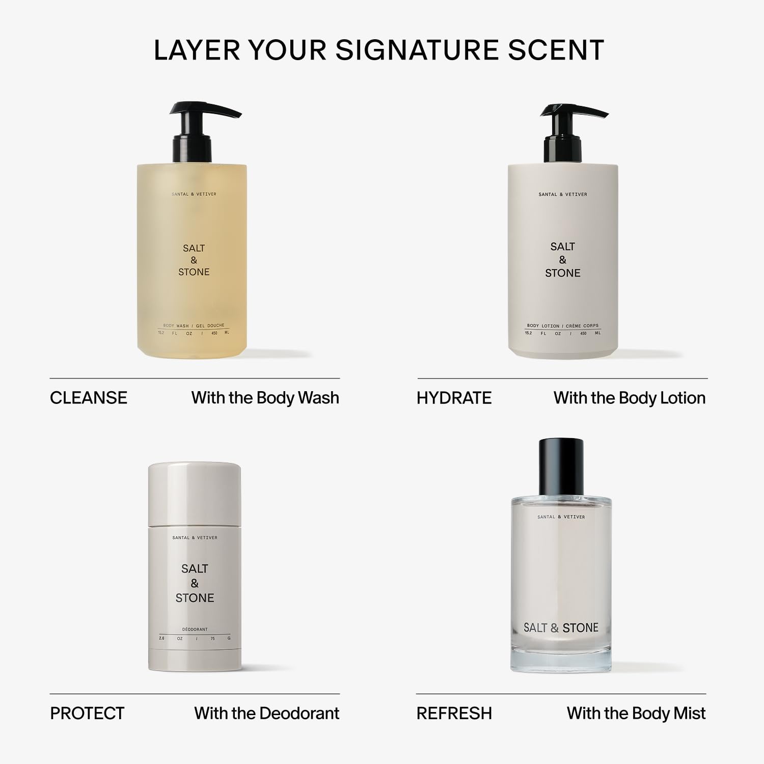 User applying Salt & Stone body wash in shower for silky skin.