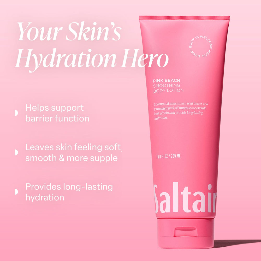 Saltair Pink Beach bottle highlights tropical-inspired scent and fast-absorbing hydration.