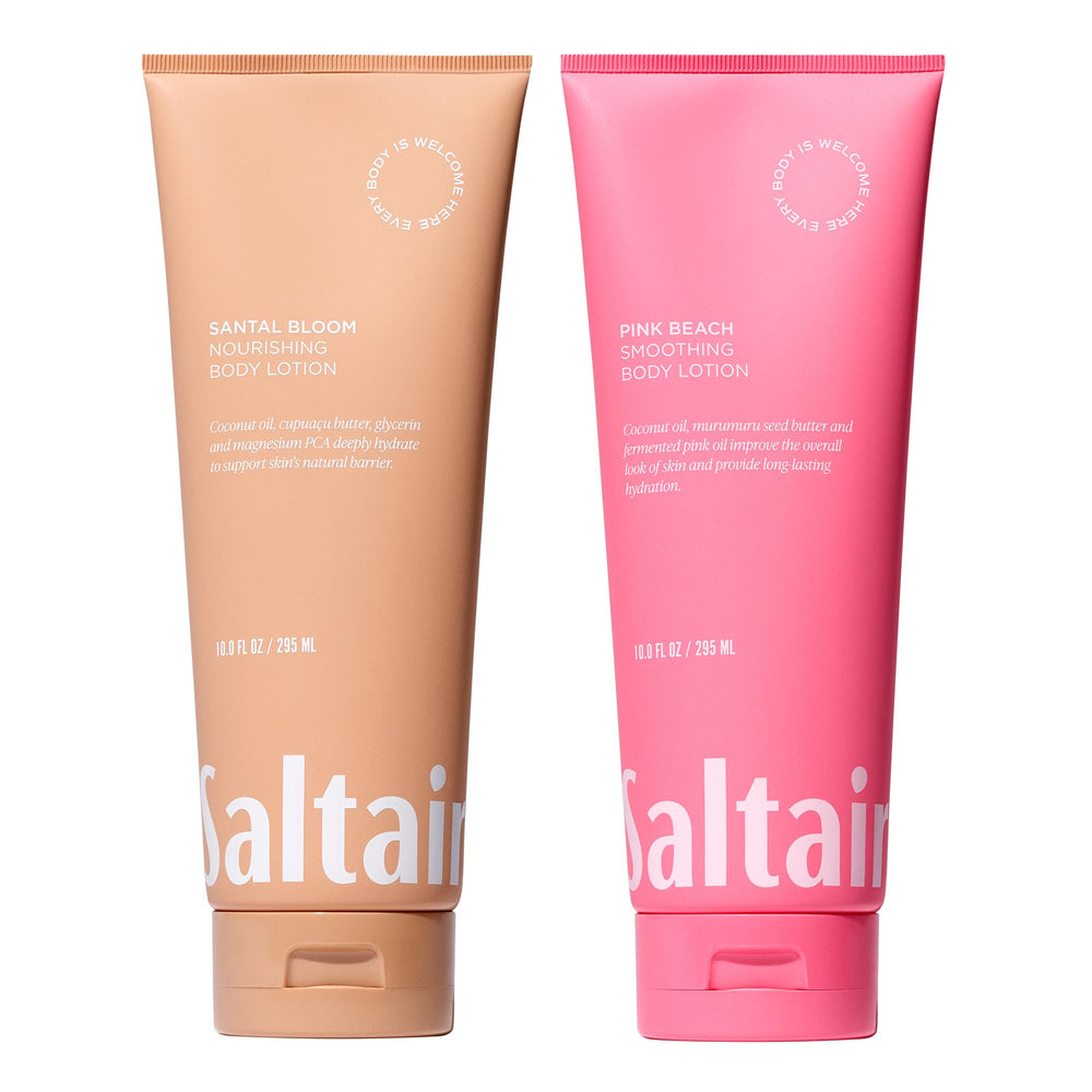 Saltair Santal Bloom bottle close-up, rich moisturizing formula for dry skin.