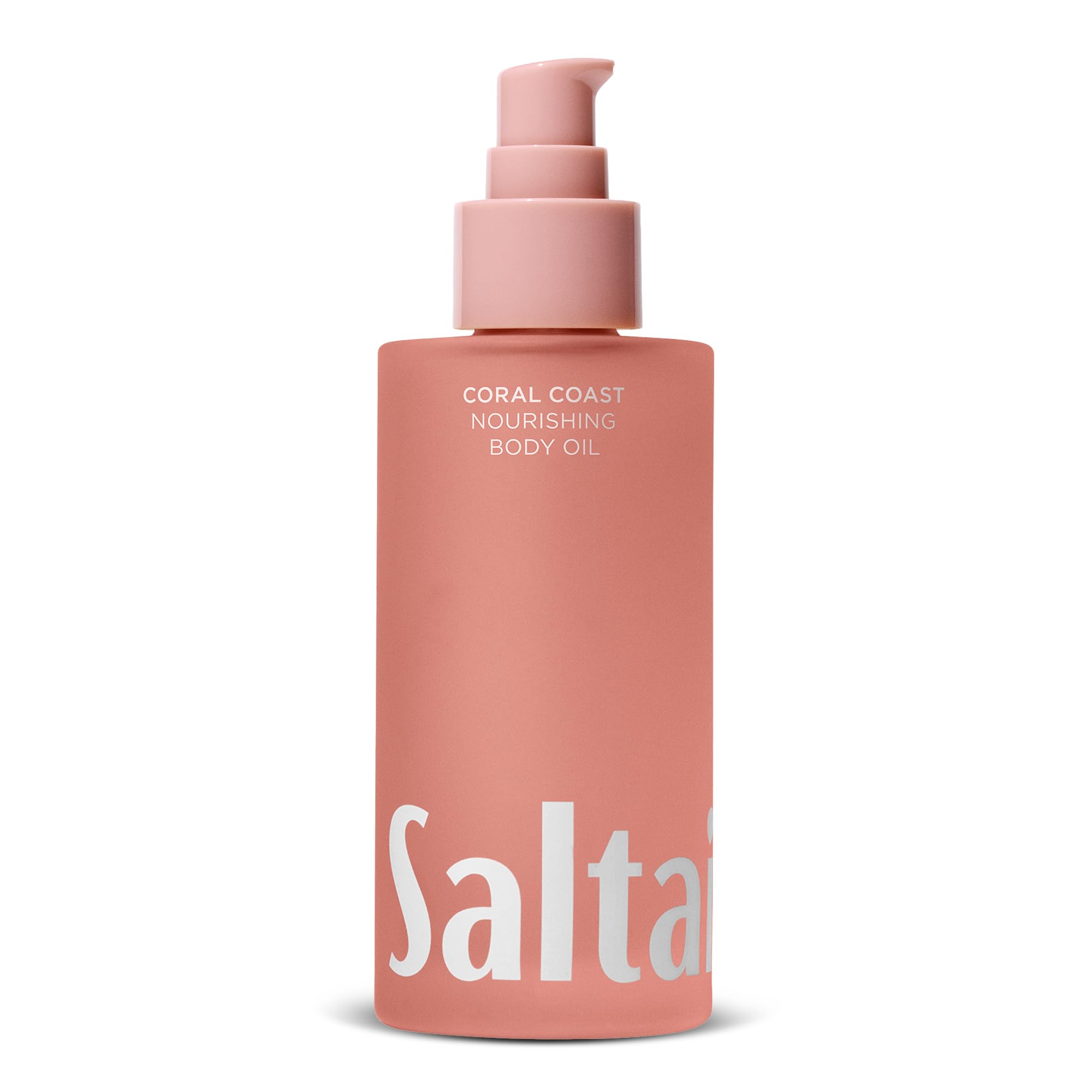 Saltair Body Oil bottle featuring Coral Coast scent for silky hydration after shower.